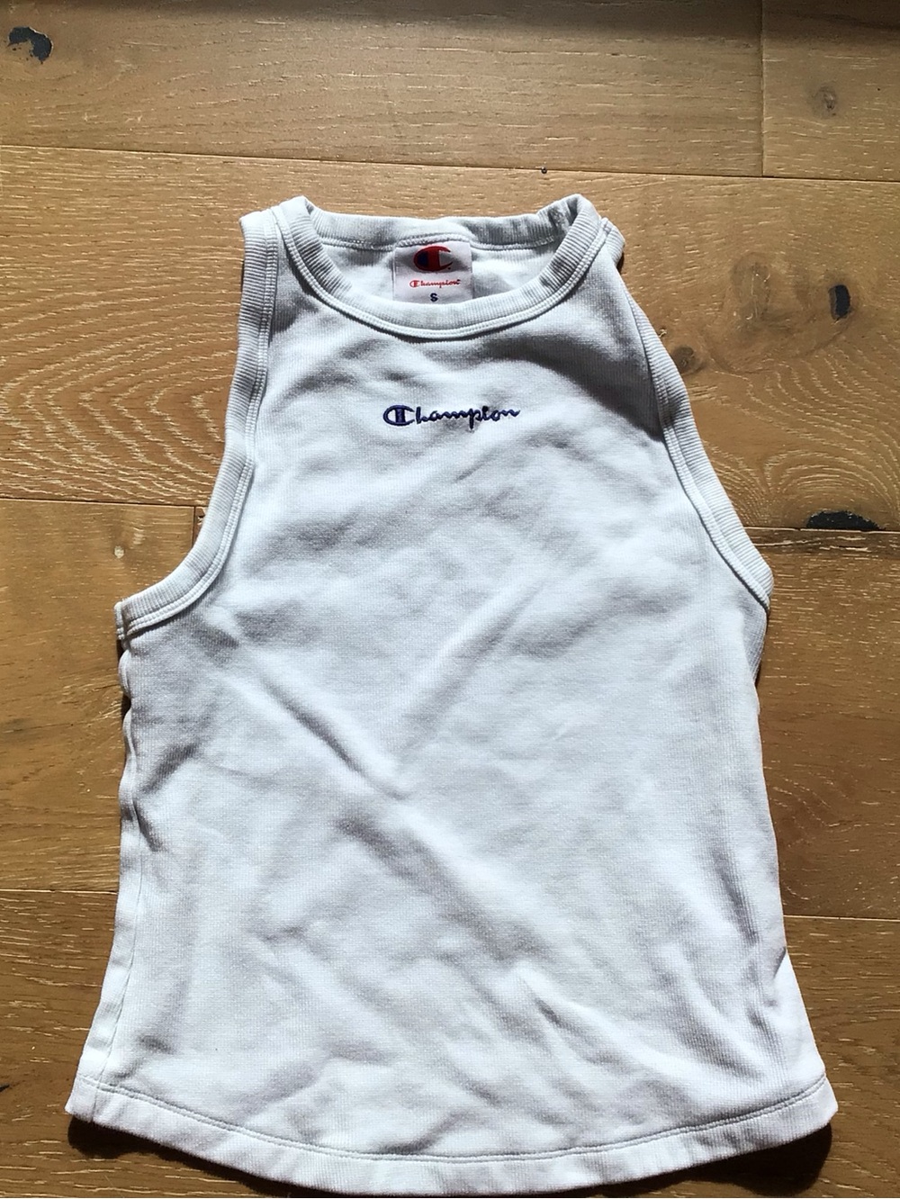 Champion White Women’s Ribbed Tank with Navy Logo